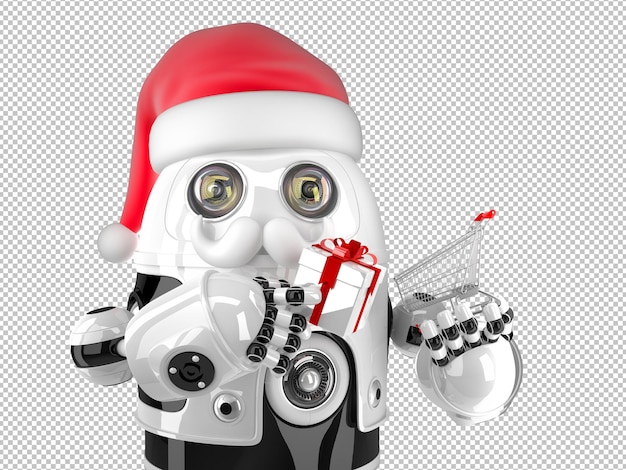 Robot Père Noël avec panier et coffret cadeau. Notion de Noël