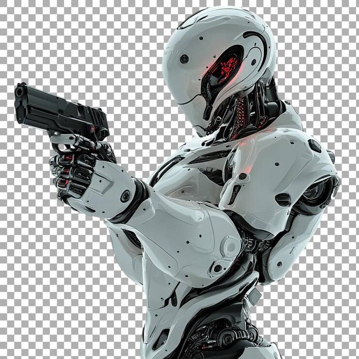 PSD robot png sosteniendo un arma contra un fondo transparente
