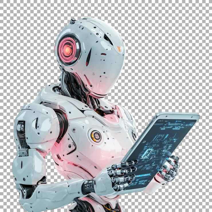 PSD robot png usando una tableta en un fondo transparente generado por ai