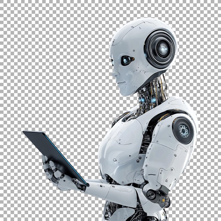 PSD robot png usando una tableta en un fondo transparente generado por ai