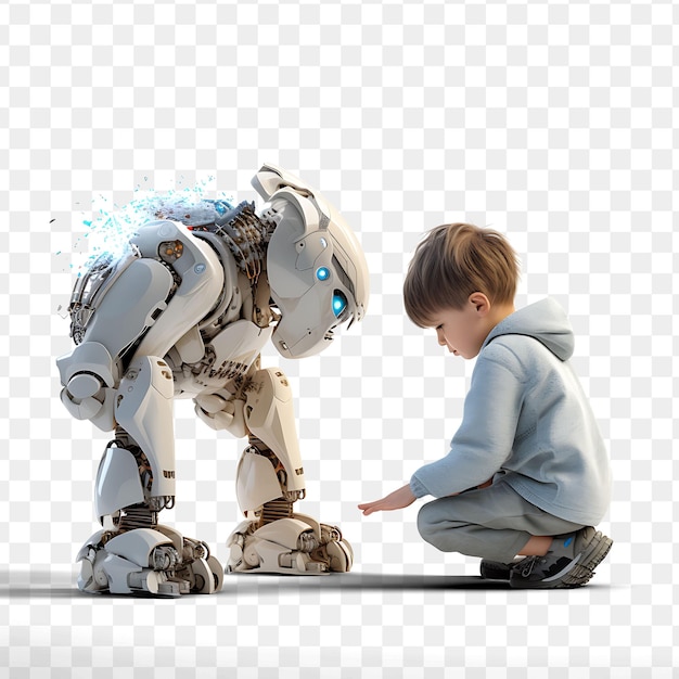 PSD un robot que está sentado en un piso con el niño sentado a su lado
