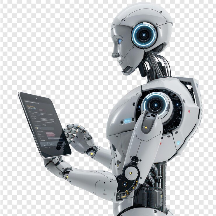 PSD un robot que utiliza una tableta aislada en el fondo de transparencia psd