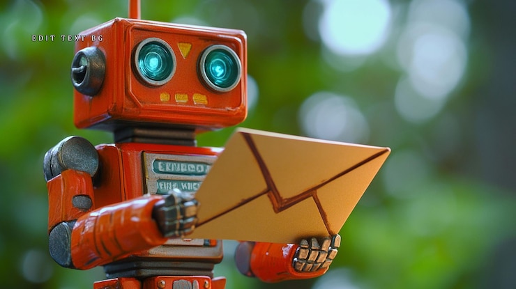 PSD robot retro que sostiene un sobre al aire libre 1