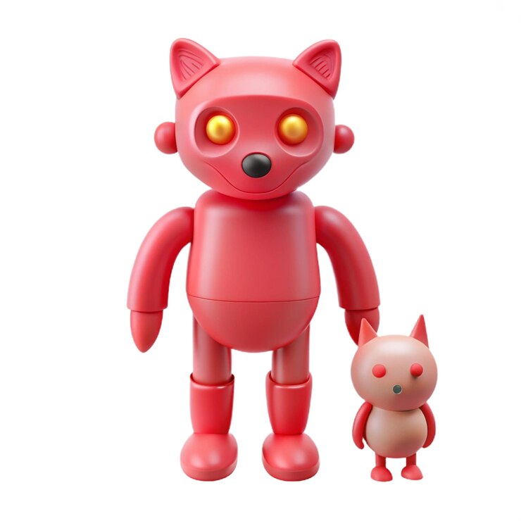 PSD un robot rojo con un gato rosa a su lado
