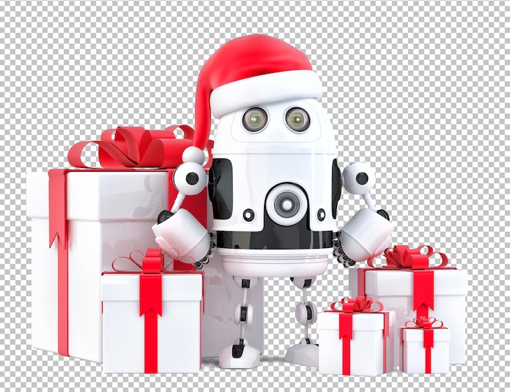 PSD robot santa claus con cajas de regalo. concepto de navidad. aislado