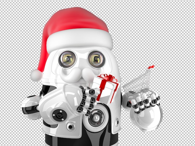 PSD robot santa claus con carrito de compras y caja de regalo. concepto de navidad