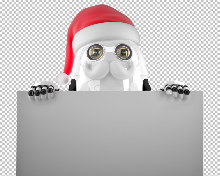 PSD robot santa claus sosteniendo un letrero en blanco. aislado en blanco