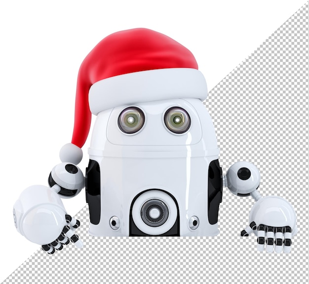 Robot Santa pointant dans une bannière publicitaire vierge