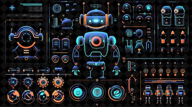 Robot sencillo de 16 bits de píxeles con engranajes y luces y geometría Y2K forma neón colecciones de arte de color