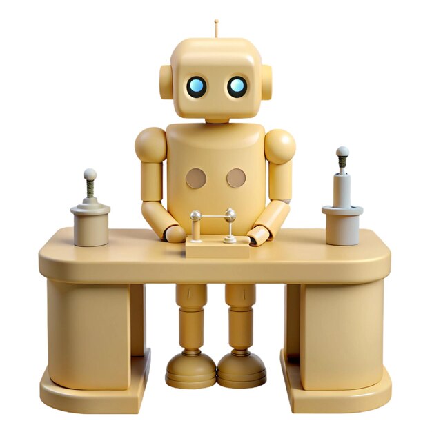 un robot sentado en una mesa con otros juguetes en ella