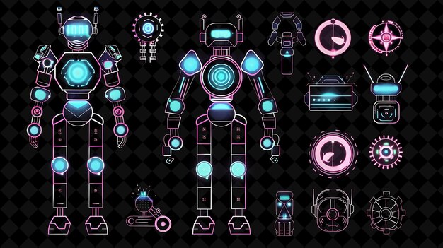 Robot simple 16 bits pixel avec engrenages et lumières et géométrie Y2K forme collections d'art au néon couleur