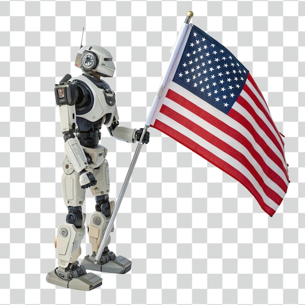 un robot sosteniendo una bandera estadounidense que dice robot en él