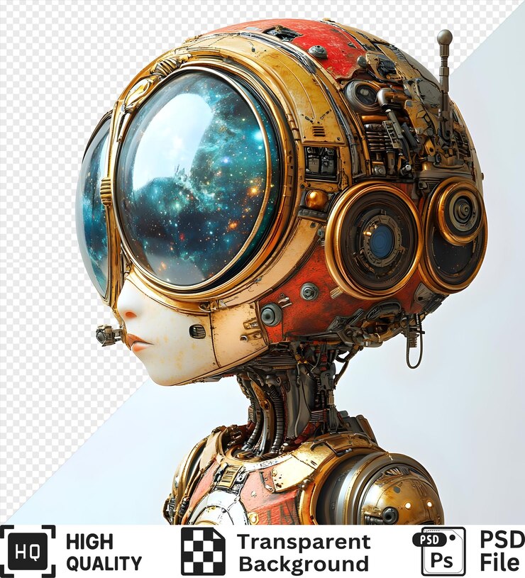 PSD un robot steampunk detallado con ojos brillantes y una vista de la galaxia aislado en un fondo transparente