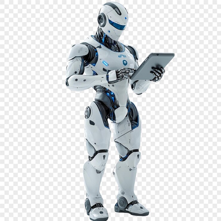PSD un robot con una tableta en su regazo se encuentra en un fondo transparente