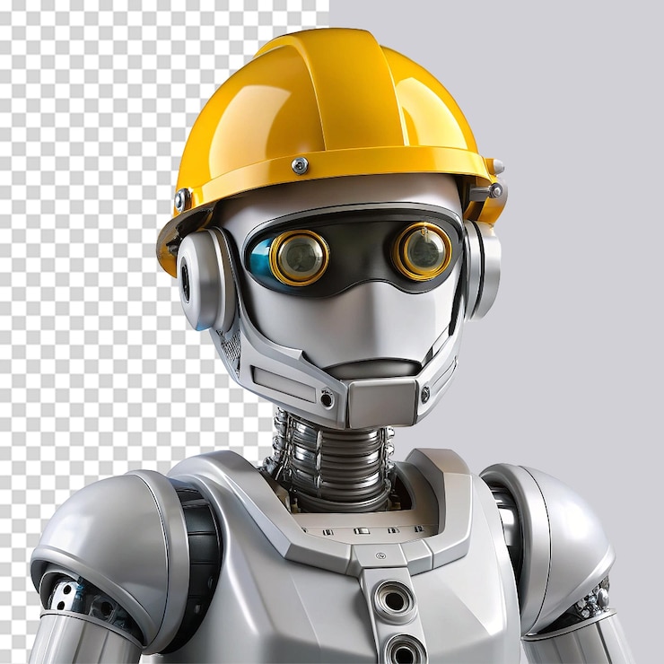 PSD robot trabajador de la construcción con casco aislado en fondo blanco