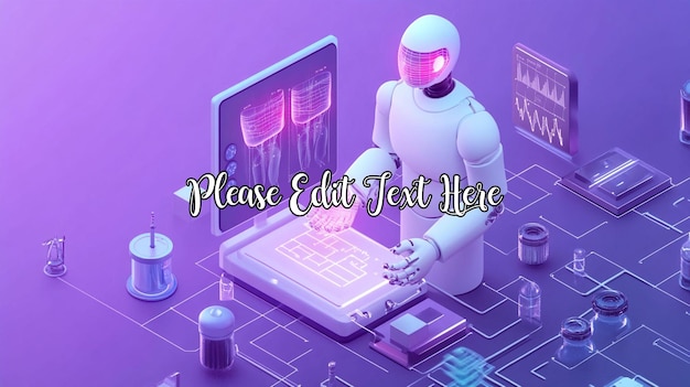Robot usando una computadora en un laboratorio futurista