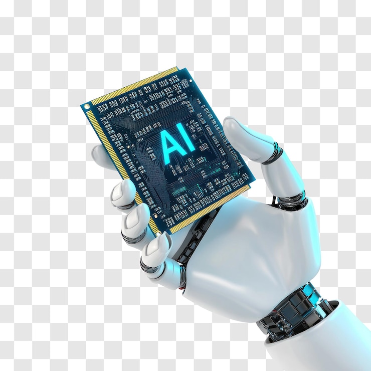 PSD roboter-hand hält prozessor-chip mit ki-label schlank modern isolieren auf transparenten hintergrund