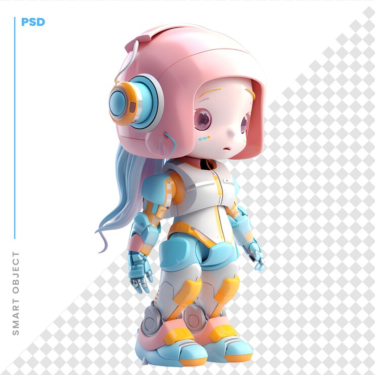 PSD robotermädchen mit kopfhörern 3d-illustration weißer hintergrund