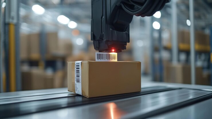Robotic arm scanning barcode on cardboard box in warehouse