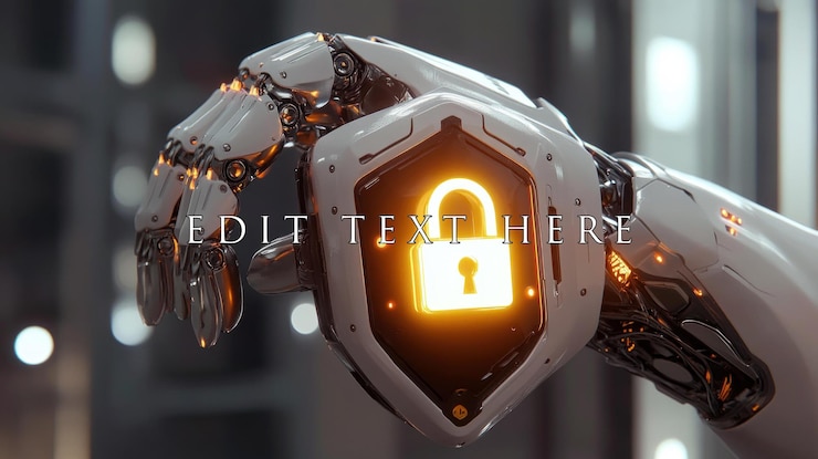 PSD robotic hand displaying a glowing padlock security symbol