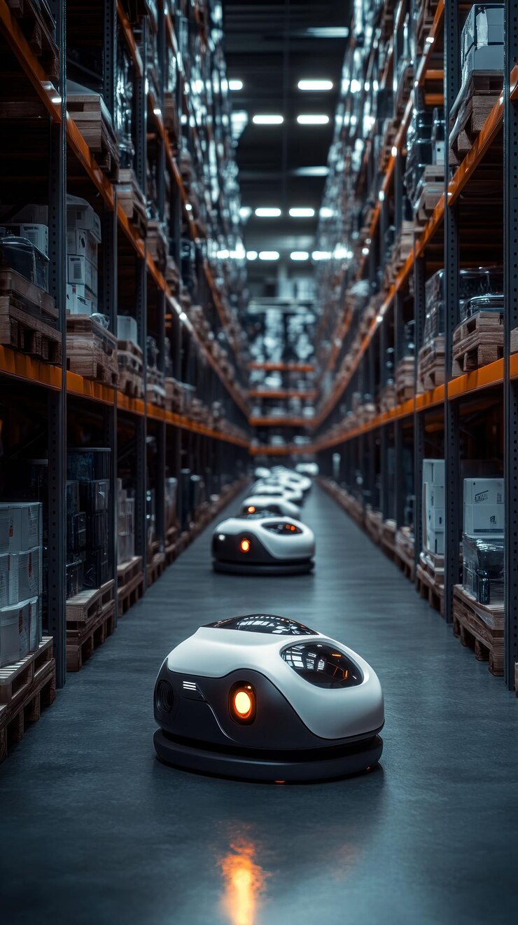 PSD robots autónomos se mueven a lo largo de un pasillo en un almacén