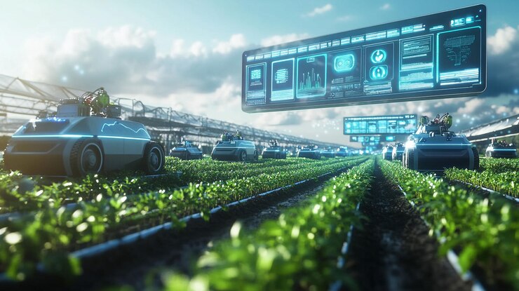 PSD robots autónomos que cosechan cultivos en granjas inteligentes con interfaz digital
