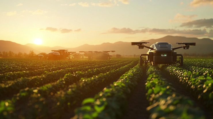 PSD robots autónomos rociando los cultivos al atardecer en un vasto campo agrícola