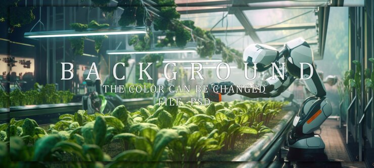 PSD robots cuidando de las plantas en un invernadero futurista