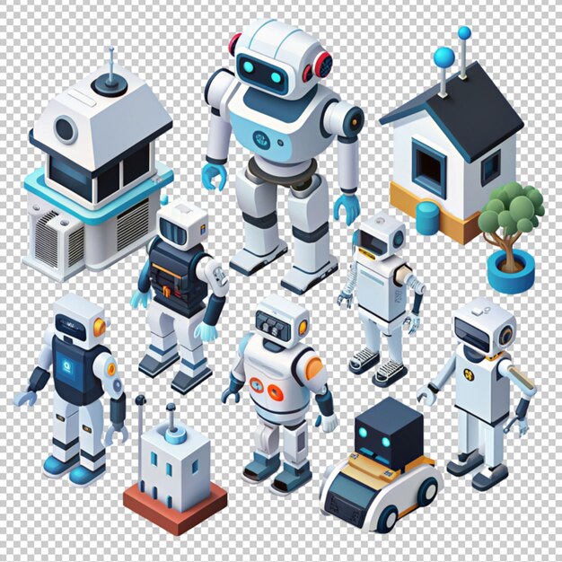 Robots domésticos colección isométrica aislada en un fondo transparente