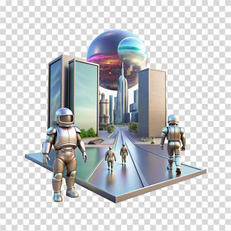 PSD robots de paisaje urbano futurista exploración urbana y tecnología avanzada