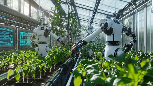 Robots que cuidan las plantas en un invernadero moderno