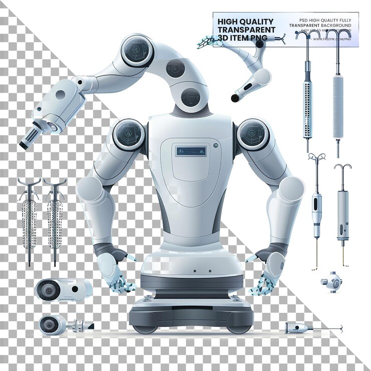 PSD robots quirúrgicos que ayudan a los cirujanos a realizar operaciones precisas en un fondo transparente