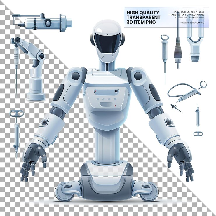 PSD robots quirúrgicos que ayudan a los cirujanos a realizar operaciones precisas en un fondo transparente