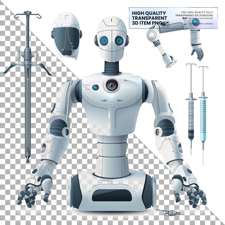 PSD robots quirúrgicos que ayudan a los cirujanos a realizar operaciones precisas en un fondo transparente