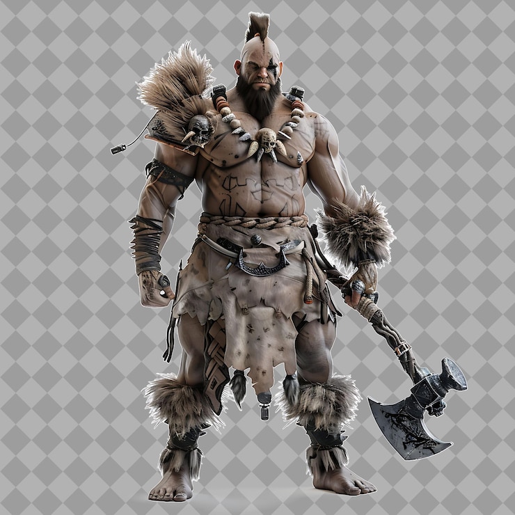 PSD robusto guerrero bárbaro con poderosa forma loincloth y fu ilustración de personajes aislados en 3d