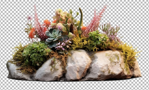 PSD roca recortada rodeada de flores diseño de jardín flores coloridas aisladas sobre fondo blanco