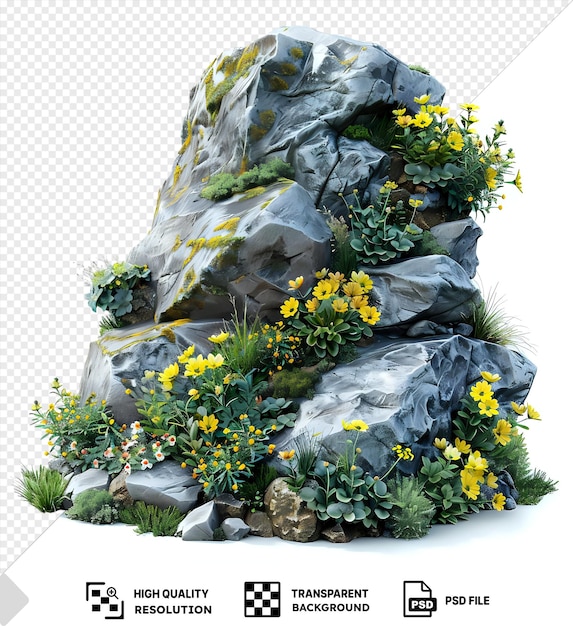 PSD roca de recorte transparente de fondo rodeada de flores amarillas diseño de jardín arbusto con flores y plantas verdes para el paisajismo arbusto decorativo y lecho de flores png