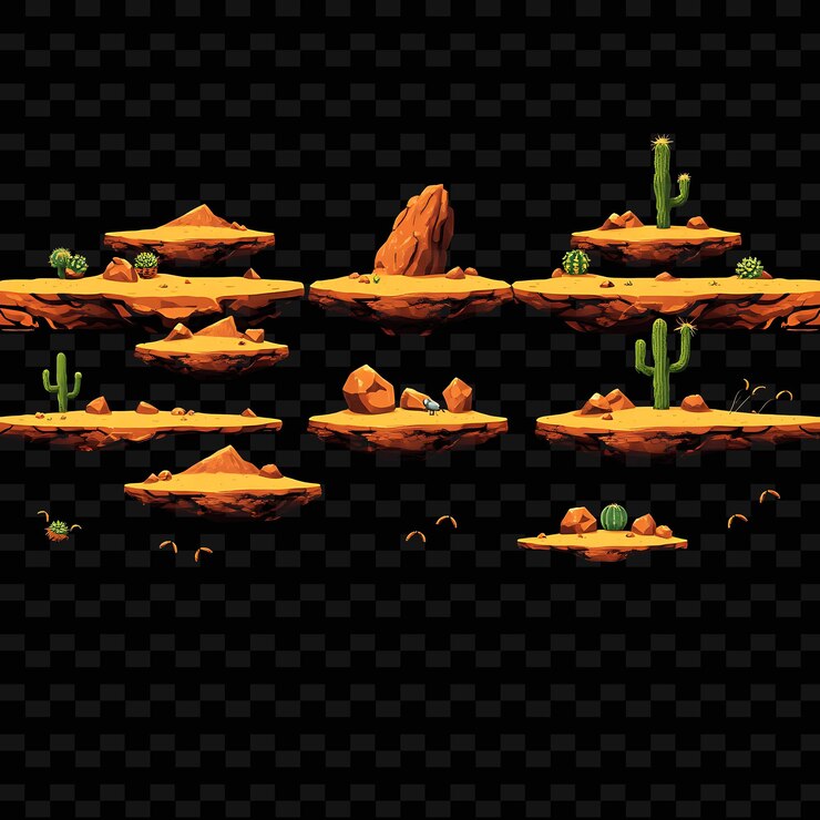 PSD rocas de arena de píxeles cactus tumbleweeds arena dorada que forma dunas rocas dentadas esparcidas un juego assetr