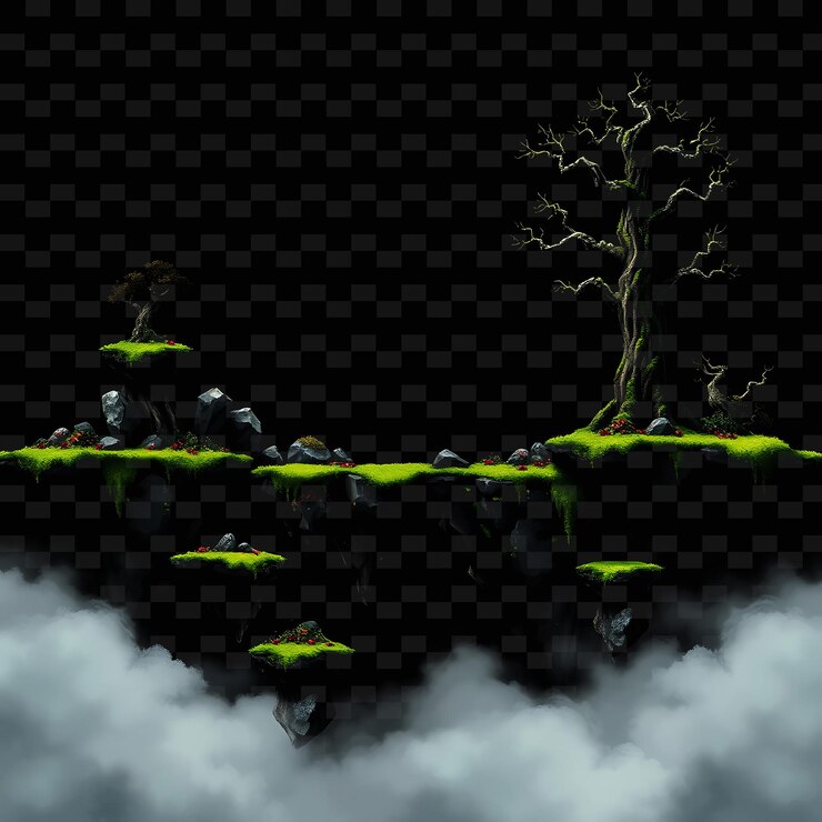 PSD rocas píxeles musgo árboles niebla rocas irregulares que forman caminos musgo vibrante que se aferra a la superficie activo del juego