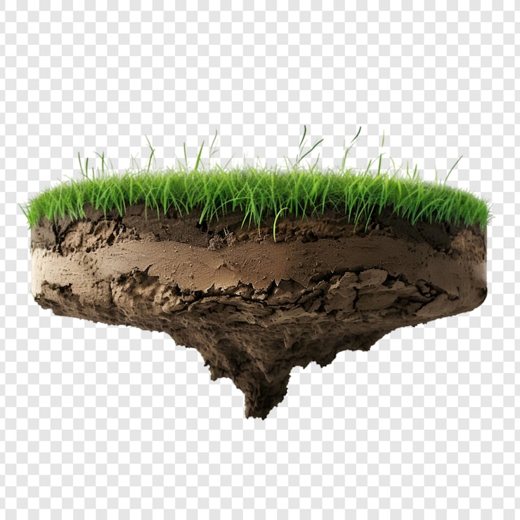 PSD roccia paradisiaca volante isola galleggiante con campo di erba verde isolato su sfondo bianco