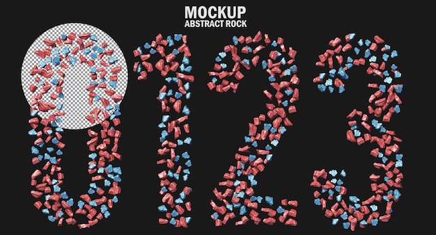 Rochas abstratas metálicas azuis e vermelhas dispostas em números 0 1 2 3
