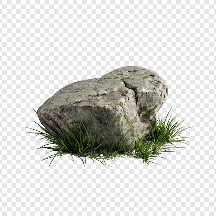PSD rochas cinzentas, grama verde, cena natural, renderização 3d, textura de fundo isolada, pedras realistas