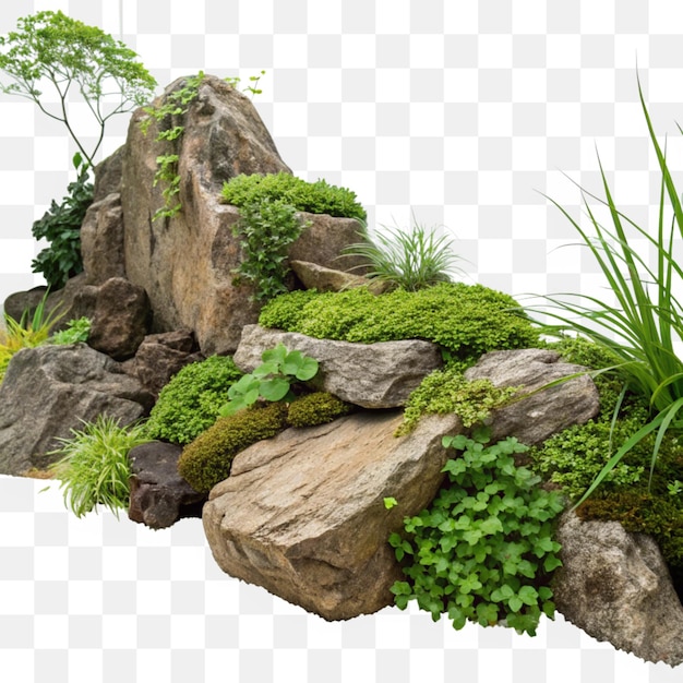 rock garden with grass and white flowers isolated on transparent background