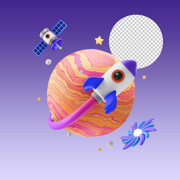 PSD rocket and planet in space 3d illustration