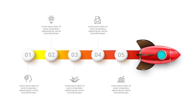 PSD rocket-infografik mit 5 optionen startup-illustration