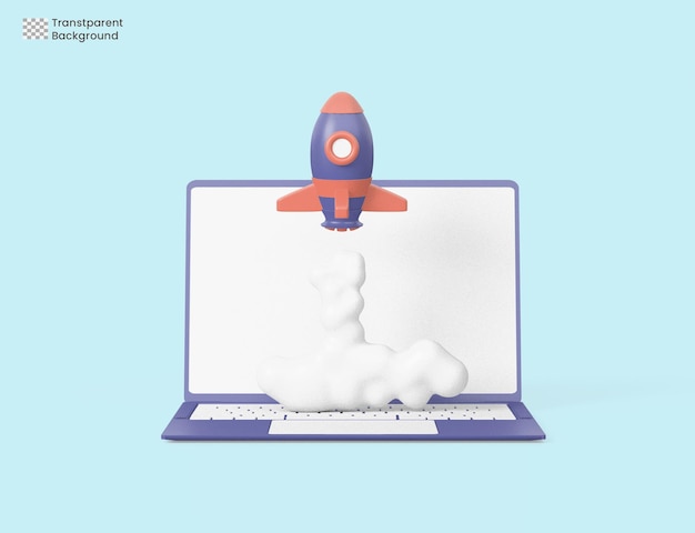 Rocket launch on laptop, flying rocket icon, business startup project concept. 3d rendering