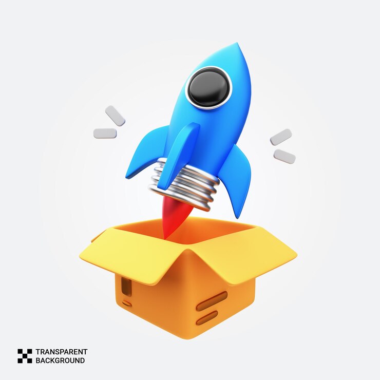 PSD rocket launching out of a box startup e concetto di innovazione