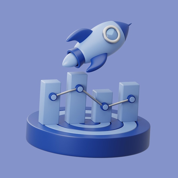 Rocket Launching Over Growth Charts 3D Rendered Icon