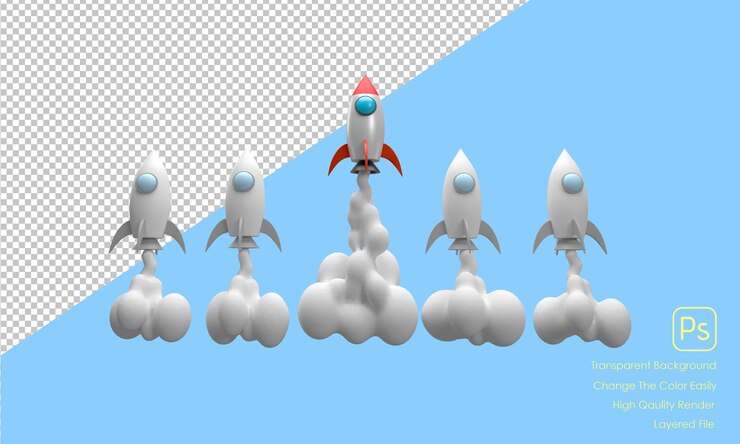 PSD rocket soaring diferentes cohetes vuelan alto y se diferencian de los demás concepto idea de inicio
