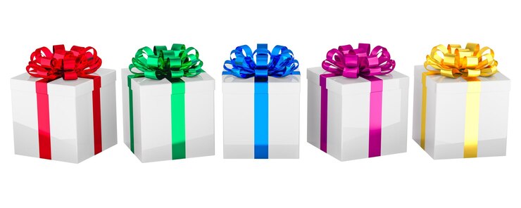 PSD roda de cajas de regalos con arcos y cintas de colores renderización 3d aislado en fondo transparente